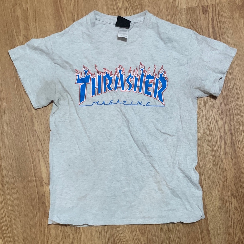 Thrasher Light Gray Tee with Blue Logo and Red Flame